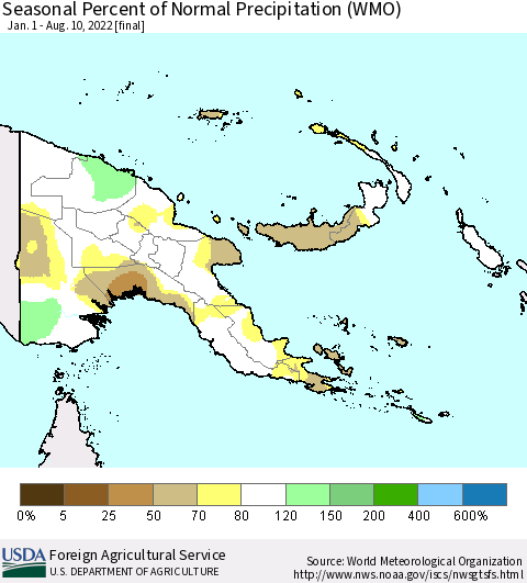 Papua New Guinea Seasonal Percent of Normal Precipitation (WMO) Thematic Map For 1/1/2022 - 8/10/2022