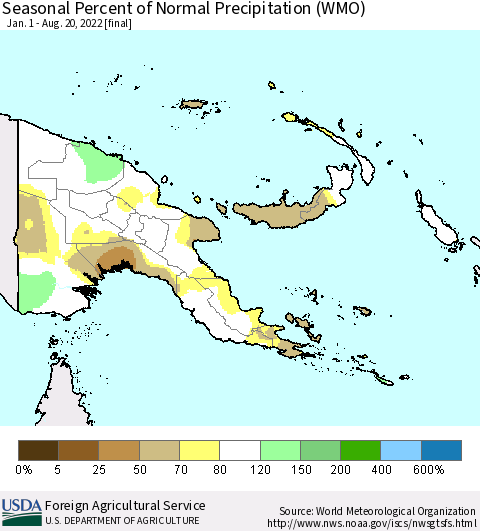 Papua New Guinea Seasonal Percent of Normal Precipitation (WMO) Thematic Map For 1/1/2022 - 8/20/2022