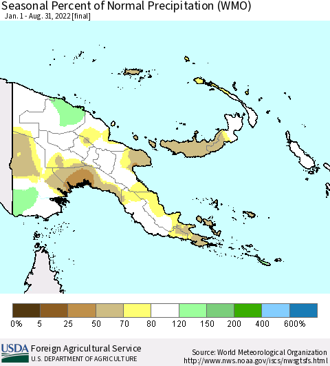 Papua New Guinea Seasonal Percent of Normal Precipitation (WMO) Thematic Map For 1/1/2022 - 8/31/2022