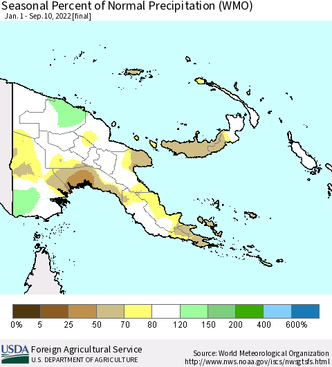 Papua New Guinea Seasonal Percent of Normal Precipitation (WMO) Thematic Map For 1/1/2022 - 9/10/2022