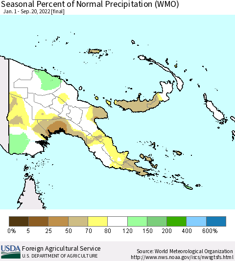 Papua New Guinea Seasonal Percent of Normal Precipitation (WMO) Thematic Map For 1/1/2022 - 9/20/2022
