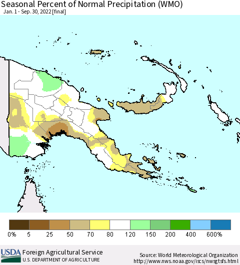 Papua New Guinea Seasonal Percent of Normal Precipitation (WMO) Thematic Map For 1/1/2022 - 9/30/2022