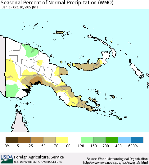 Papua New Guinea Seasonal Percent of Normal Precipitation (WMO) Thematic Map For 1/1/2022 - 10/10/2022
