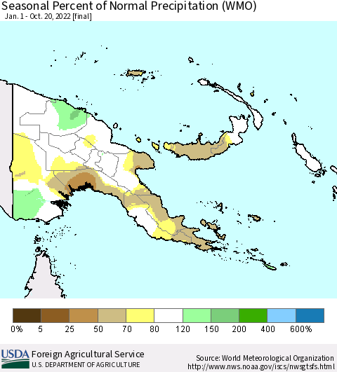 Papua New Guinea Seasonal Percent of Normal Precipitation (WMO) Thematic Map For 1/1/2022 - 10/20/2022