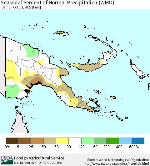 Papua New Guinea Seasonal Percent of Normal Precipitation (WMO) Thematic Map For 1/1/2022 - 10/31/2022