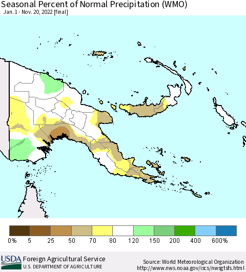 Papua New Guinea Seasonal Percent of Normal Precipitation (WMO) Thematic Map For 1/1/2022 - 11/20/2022