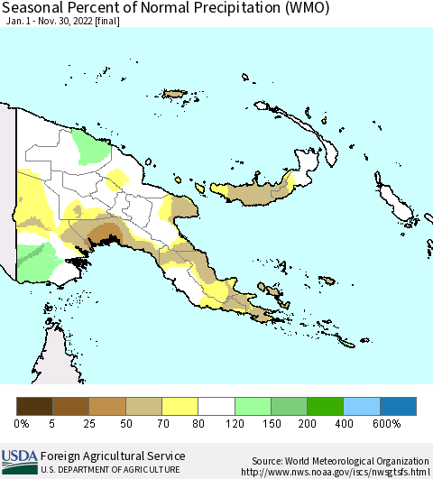 Papua New Guinea Seasonal Percent of Normal Precipitation (WMO) Thematic Map For 1/1/2022 - 11/30/2022
