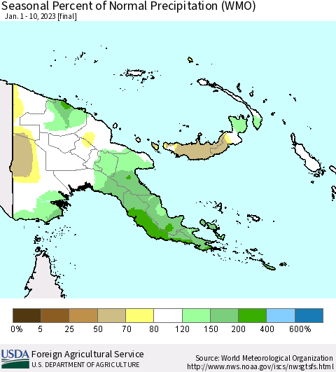 Papua New Guinea Seasonal Percent of Normal Precipitation (WMO) Thematic Map For 1/1/2023 - 1/10/2023