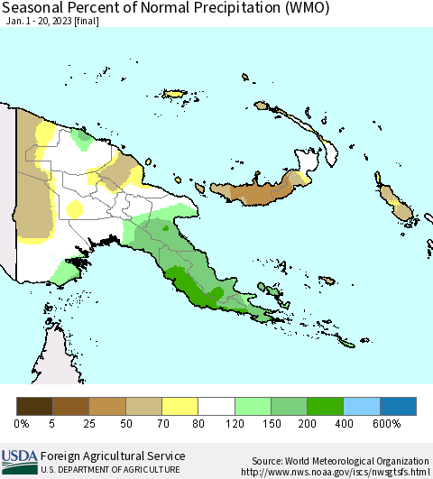 Papua New Guinea Seasonal Percent of Normal Precipitation (WMO) Thematic Map For 1/1/2023 - 1/20/2023