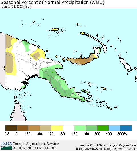 Papua New Guinea Seasonal Percent of Normal Precipitation (WMO) Thematic Map For 1/1/2023 - 1/31/2023