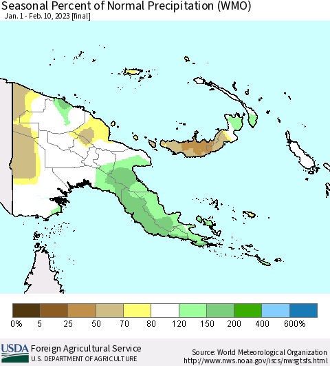 Papua New Guinea Seasonal Percent of Normal Precipitation (WMO) Thematic Map For 1/1/2023 - 2/10/2023