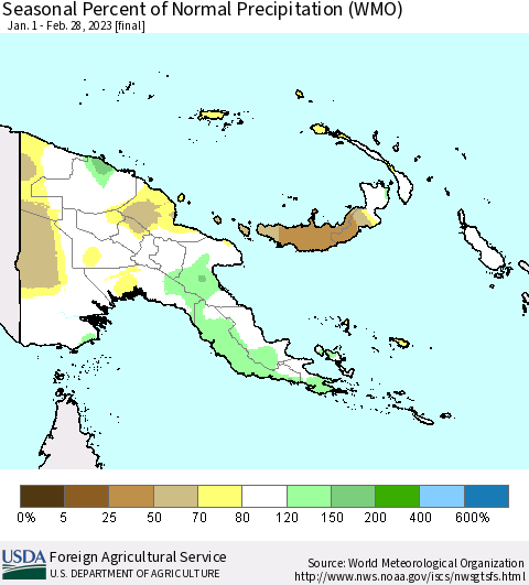 Papua New Guinea Seasonal Percent of Normal Precipitation (WMO) Thematic Map For 1/1/2023 - 2/28/2023