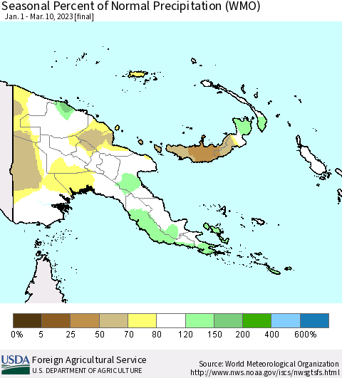 Papua New Guinea Seasonal Percent of Normal Precipitation (WMO) Thematic Map For 1/1/2023 - 3/10/2023