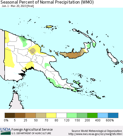 Papua New Guinea Seasonal Percent of Normal Precipitation (WMO) Thematic Map For 1/1/2023 - 3/20/2023