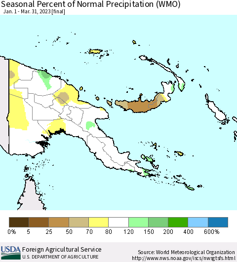 Papua New Guinea Seasonal Percent of Normal Precipitation (WMO) Thematic Map For 1/1/2023 - 3/31/2023