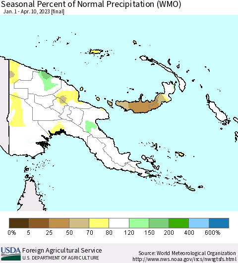 Papua New Guinea Seasonal Percent of Normal Precipitation (WMO) Thematic Map For 1/1/2023 - 4/10/2023