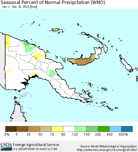 Papua New Guinea Seasonal Percent of Normal Precipitation (WMO) Thematic Map For 1/1/2023 - 4/20/2023