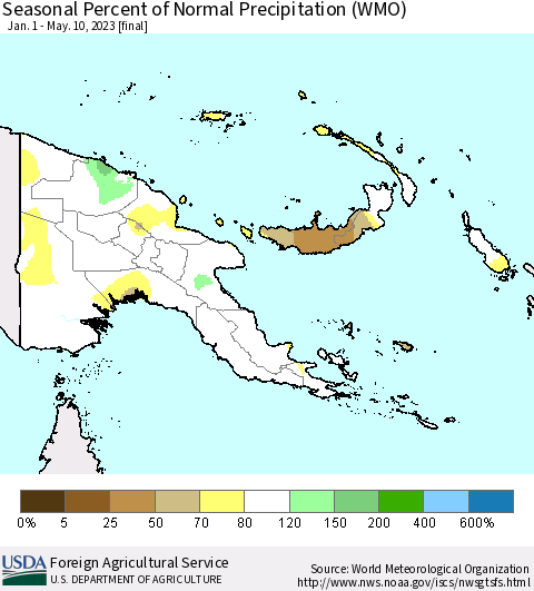 Papua New Guinea Seasonal Percent of Normal Precipitation (WMO) Thematic Map For 1/1/2023 - 5/10/2023
