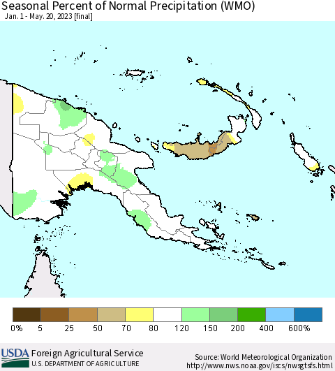 Papua New Guinea Seasonal Percent of Normal Precipitation (WMO) Thematic Map For 1/1/2023 - 5/20/2023