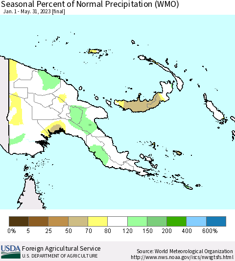 Papua New Guinea Seasonal Percent of Normal Precipitation (WMO) Thematic Map For 1/1/2023 - 5/31/2023