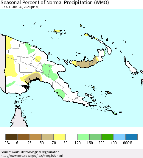Papua New Guinea Seasonal Percent of Normal Precipitation (WMO) Thematic Map For 1/1/2023 - 6/30/2023