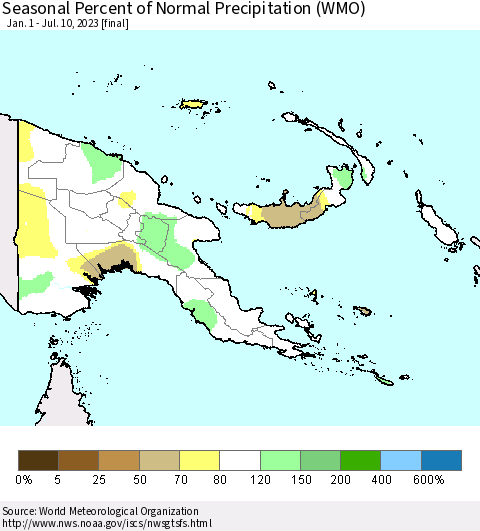 Papua New Guinea Seasonal Percent of Normal Precipitation (WMO) Thematic Map For 1/1/2023 - 7/10/2023