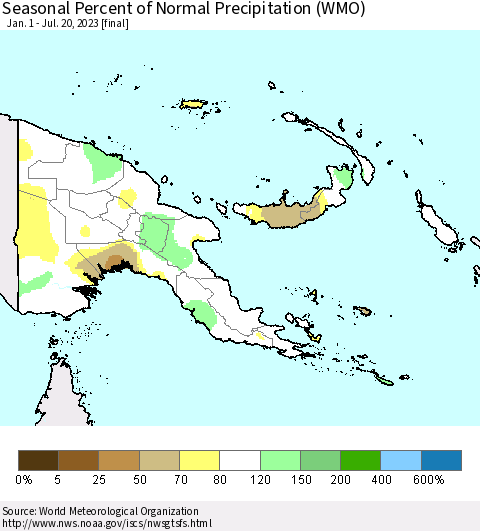 Papua New Guinea Seasonal Percent of Normal Precipitation (WMO) Thematic Map For 1/1/2023 - 7/20/2023