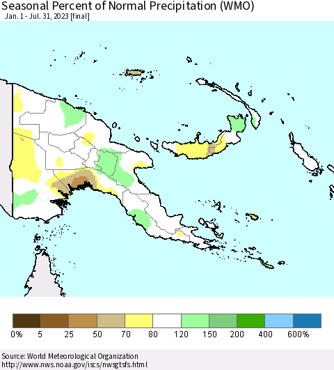 Papua New Guinea Seasonal Percent of Normal Precipitation (WMO) Thematic Map For 1/1/2023 - 7/31/2023