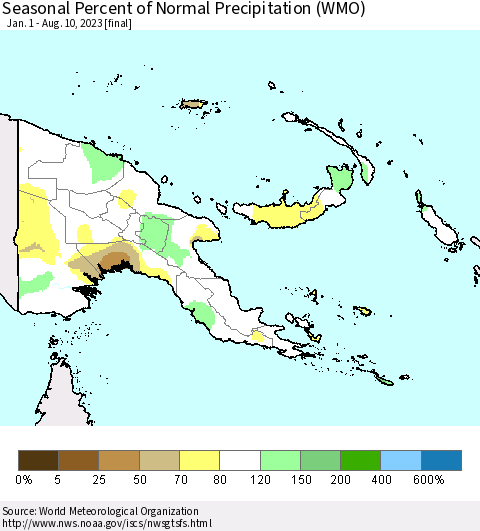 Papua New Guinea Seasonal Percent of Normal Precipitation (WMO) Thematic Map For 1/1/2023 - 8/10/2023
