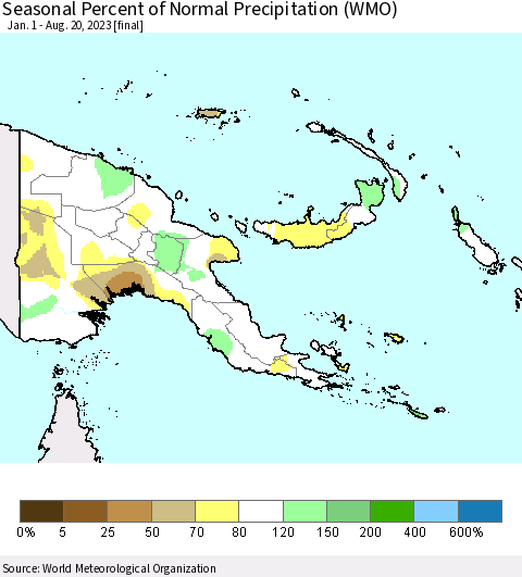 Papua New Guinea Seasonal Percent of Normal Precipitation (WMO) Thematic Map For 1/1/2023 - 8/20/2023