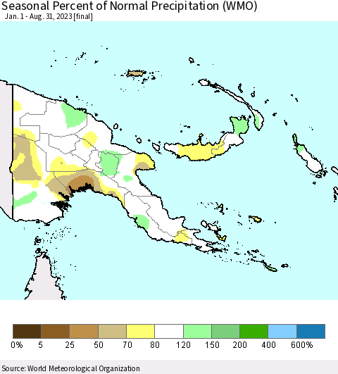 Papua New Guinea Seasonal Percent of Normal Precipitation (WMO) Thematic Map For 1/1/2023 - 8/31/2023