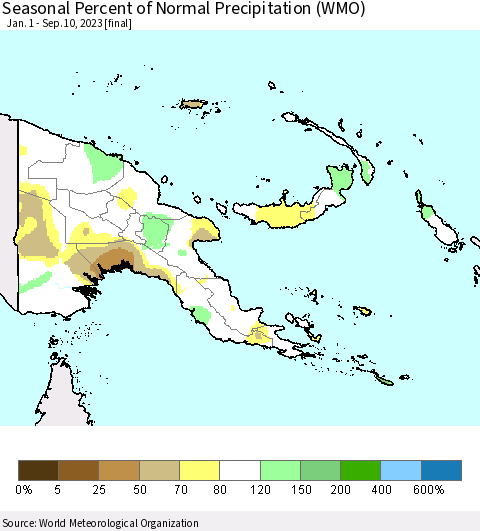 Papua New Guinea Seasonal Percent of Normal Precipitation (WMO) Thematic Map For 1/1/2023 - 9/10/2023