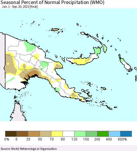Papua New Guinea Seasonal Percent of Normal Precipitation (WMO) Thematic Map For 1/1/2023 - 9/20/2023