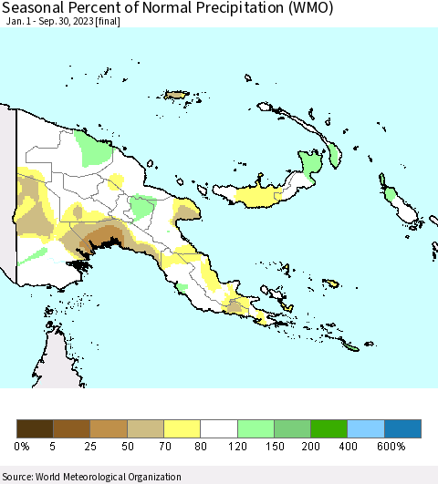 Papua New Guinea Seasonal Percent of Normal Precipitation (WMO) Thematic Map For 1/1/2023 - 9/30/2023