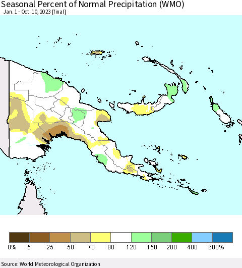 Papua New Guinea Seasonal Percent of Normal Precipitation (WMO) Thematic Map For 1/1/2023 - 10/10/2023