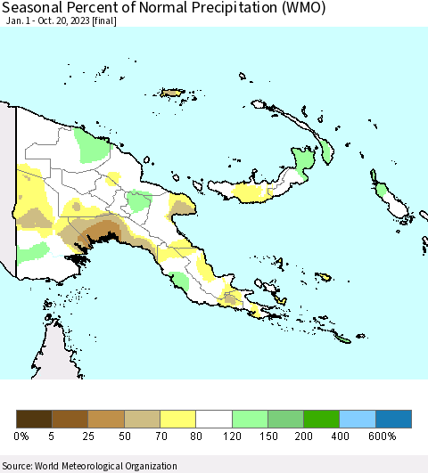 Papua New Guinea Seasonal Percent of Normal Precipitation (WMO) Thematic Map For 1/1/2023 - 10/20/2023