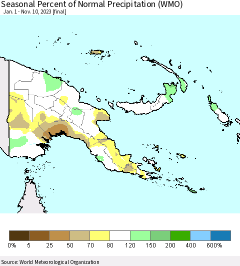 Papua New Guinea Seasonal Percent of Normal Precipitation (WMO) Thematic Map For 1/1/2023 - 11/10/2023