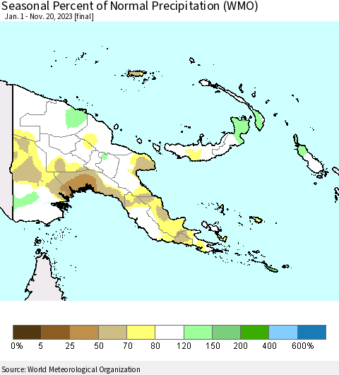 Papua New Guinea Seasonal Percent of Normal Precipitation (WMO) Thematic Map For 1/1/2023 - 11/20/2023