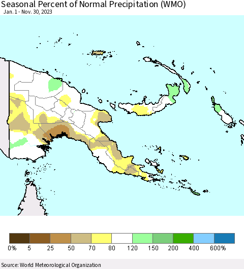 Papua New Guinea Seasonal Percent of Normal Precipitation (WMO) Thematic Map For 1/1/2023 - 11/30/2023