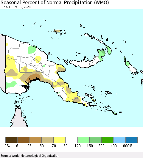Papua New Guinea Seasonal Percent of Normal Precipitation (WMO) Thematic Map For 1/1/2023 - 12/10/2023