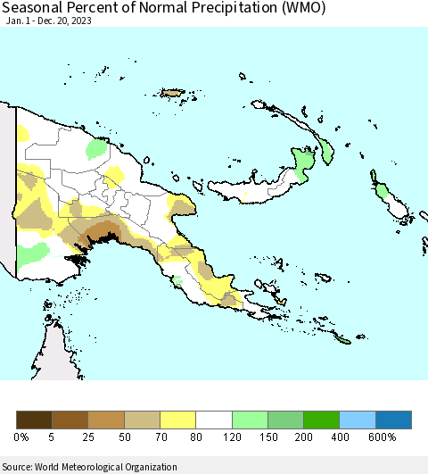 Papua New Guinea Seasonal Percent of Normal Precipitation (WMO) Thematic Map For 1/1/2023 - 12/20/2023