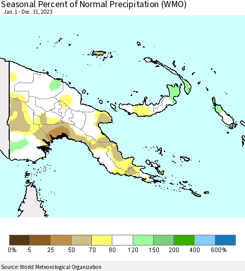 Papua New Guinea Seasonal Percent of Normal Precipitation (WMO) Thematic Map For 1/1/2023 - 12/31/2023