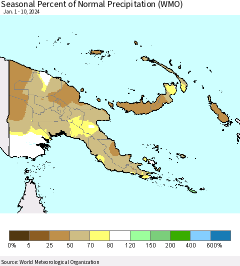 Papua New Guinea Seasonal Percent of Normal Precipitation (WMO) Thematic Map For 1/1/2024 - 1/10/2024