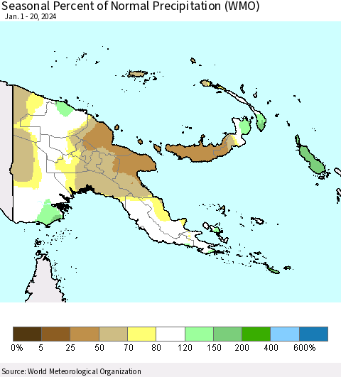 Papua New Guinea Seasonal Percent of Normal Precipitation (WMO) Thematic Map For 1/1/2024 - 1/20/2024