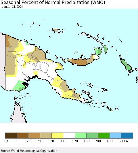 Papua New Guinea Seasonal Percent of Normal Precipitation (WMO) Thematic Map For 1/1/2024 - 1/31/2024