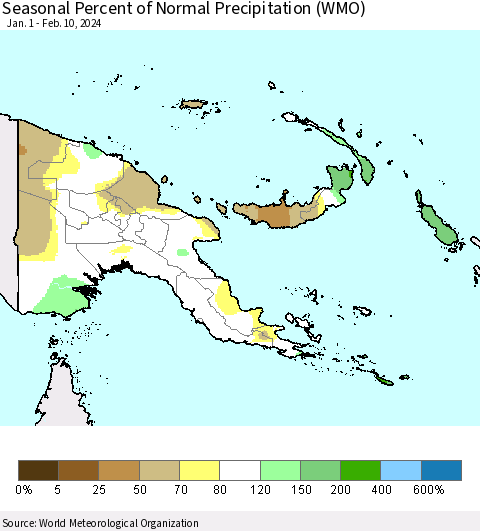 Papua New Guinea Seasonal Percent of Normal Precipitation (WMO) Thematic Map For 1/1/2024 - 2/10/2024