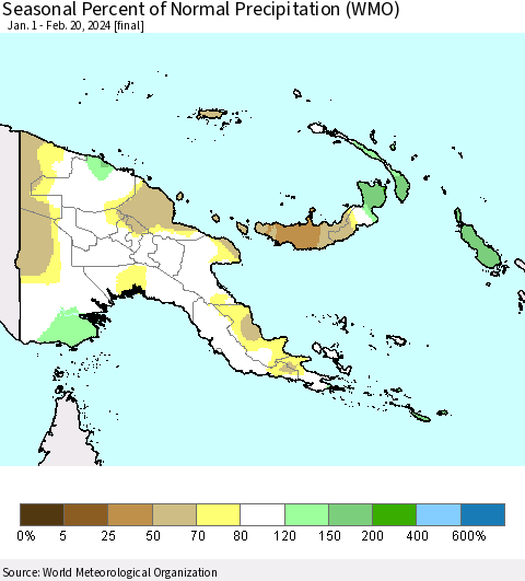 Papua New Guinea Seasonal Percent of Normal Precipitation (WMO) Thematic Map For 1/1/2024 - 2/20/2024