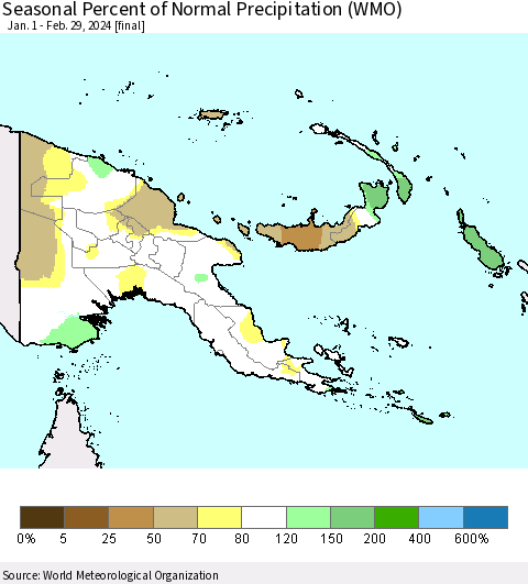 Papua New Guinea Seasonal Percent of Normal Precipitation (WMO) Thematic Map For 1/1/2024 - 2/29/2024