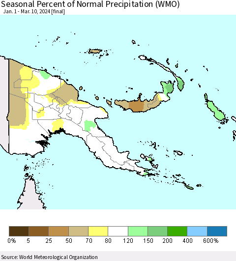 Papua New Guinea Seasonal Percent of Normal Precipitation (WMO) Thematic Map For 1/1/2024 - 3/10/2024