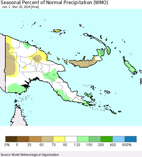 Papua New Guinea Seasonal Percent of Normal Precipitation (WMO) Thematic Map For 1/1/2024 - 3/20/2024